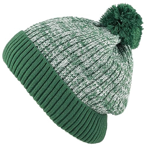 Kids Knit Daily Pom Beanie Hat with Thick Fleece Lining for Boys and Girls Versatile Winter Warm Cozy Skull Hats for Children (Dark Green)