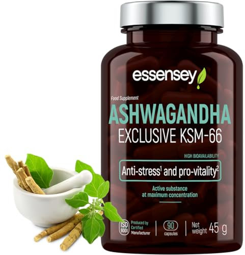 ESSENSEY - ASHWAGANDHA I 200mg I 90 Kapseln I Ashwaghanda KMS-66 I 10 mg Vitanolide I Vegetarier & ohne Zusätze I KSM-66® Premium-Rohstoff I Zellulosekapsel