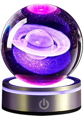 Bola de Cristal 3D,Bola de cristall con la Base de la lámpara del LED,Bola Transparente de Sistema Solar de 80mm (3.15 pulgadas),Decoración Hogar Regalos para Niños Aficionados Astronomía (Saturno)