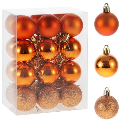 RELONGGI 24pcs Shatterproof Christmas Baubles, 4cm Pre-Strung with 3 Styles, Multi-Theme Ornaments for Xmas, Wedding, Halloween (Orange, Small)