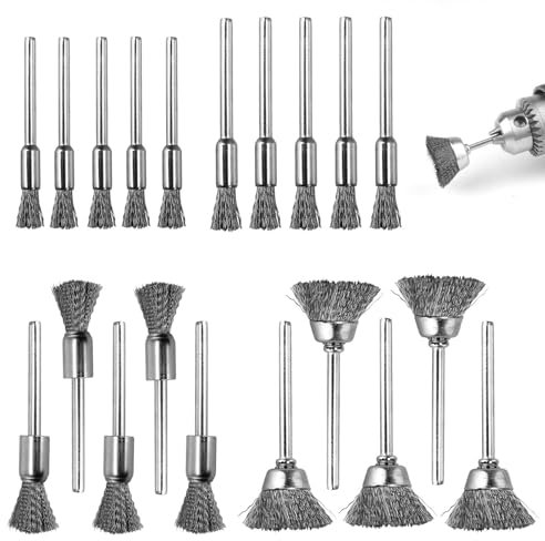 HAPPOW 20 cepillos de acero para taladro eléctrico, cepillo de alambre para taladro, acero inoxidable, vástago de 3 mm, 4 tamaños (5/6/8/15 mm), cepillo de alambre para Dremel, cepillos abrasivos para