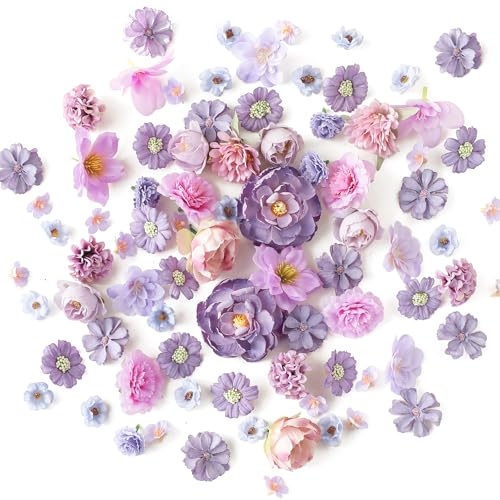 Floroom Mini Artificial Flower Heads Lavender & Purple Fake Peony Daisy Rose Multicolor Small Faux Silk Flower Heads for Cake Craft Garland Wedding Party Graduation Cap DIY Home Decoration, 0.8-3.6