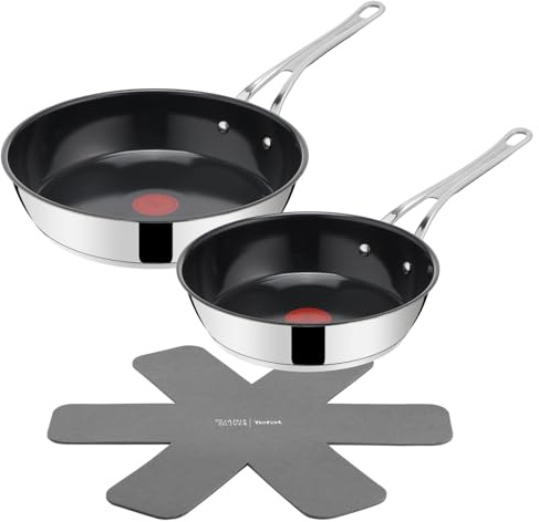 Tefal Jamie Oliver Classic Cook Pfannen-Set 24/28 cm, inkl. Pfannenschoner, antihaftbeschichtete Keramikoberfläche, Thermo-Signal, für alle Herdarten, Edelstahl, H881S355