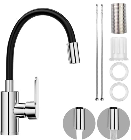 Noxtioanip Grifo de Cocina Flexible, Grifos de Fregadero Giratorio 360°, Grifo Cocina Negro con Caño Flexible, Griferia Monomando Cromo con 2 Modos, Mezclador de Fregadero, para Agua Caliete y Fría