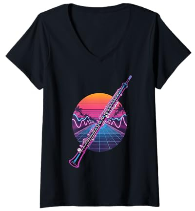 Donna Retro Synthwave Oboe Oboista Maglietta con Collo a V