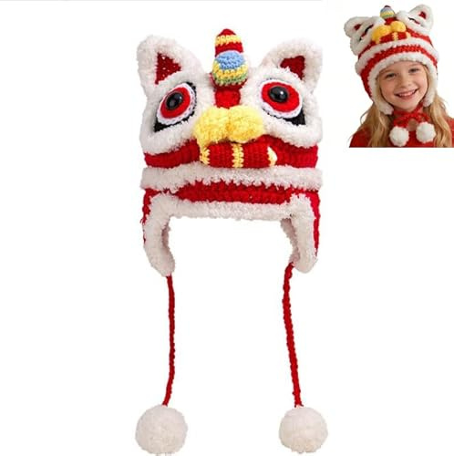 Traditional Chinese Tiger Head Hat, Hand-Knitted Lion Dance Headwear, Winter Warm Beanie for Kids & Adults, Perfect for Holiday Party Cosplay(52cm/20.47inch*19cm/7.48inch)