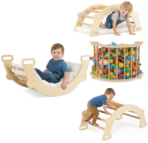 COSTWAY Arco da Arrampicata per Bambini, 3 in 1 Altalena ad Arco in Legno con Cuscino Morbido, Doppia Faccia, Ideale per Bambini 3+ Anni (Stile 2 Naturale)