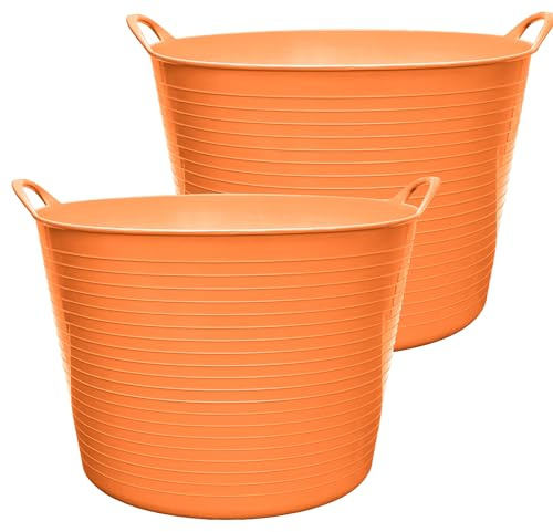 Garronda Pack de 2 Capazo Flexible 42 L para Hogar y Jardín - Cubo Plástico Multiusos con Asas, Cesta, Espuertas de Goma, Barreño Resistente para Albañilería, Limpieza y Transporte GD-0183 (Naranja)