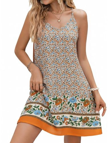 Zeagoo Vestido Boho Mujer Vestido de Tirantes Escote en V Vestido de Playa Bohemio Vestido de Verano Estampado Floral Vestido Midi Casual Minivestido Sin Mangas Vestido de Ocio