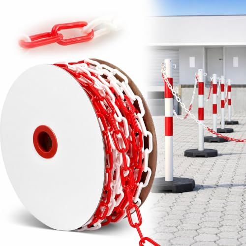 25 m avstängningskedja röd vit plast: 6 mm tjock kedja för avstängning, varningskedja av plast för barriärer i uppfarter, arbetsplatser och garage (1 rulle)