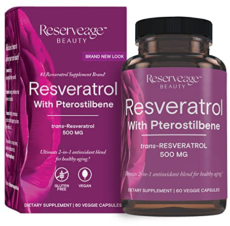 Reserveage Beauty, Resveratrol 500 mg with Pterostilbene, Antioxidant Supplement for Immune Support & Heart Health, Supports Healthy Aging, Paleo, Keto, 60 Capsules (60 Servings)