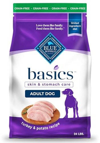 Blue Buffalo Basics Grain-Free Adult Dry Dog Food, Skin & Stomach Care, Limited Ingredient Diet for Dogs, Turkey Recipe, 24-lb. Bag