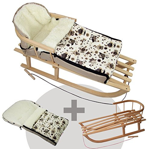 BAMBINIWELT KOMBI-erbjudande träsläde med ryggstöd och dragrep universell vinteråkpåse (90 cm), även lämplig för babystol, barnvagn, buggy, av ull i uggledesign (motiv $13)