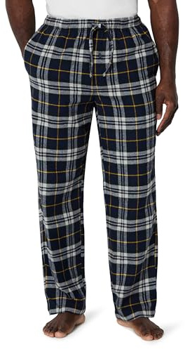 Amazon Essentials Men's 100% Cotton Flannel Sleep Pant, Relaxed Fit Lounge Pants with Elastic Waist and Drawstring, Black Yellow Plaid, Medium