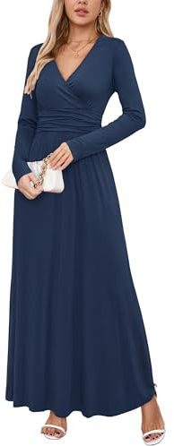 OUGES Women's Winter Spring Casual V Neck Long Sleeve Wrap Ladies Maxi Long Dress with Pockets(Navy,L)