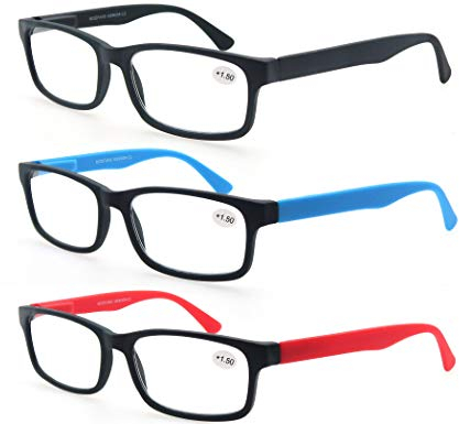 MODFANS Reading Glasses 2.5 Men Women 3 Pack,Rectangular Clear Lens Comfort Spring Hinge Eyeglasses,Stylish Lightweight Plastic Readers with Pouch Black-Blue-Red