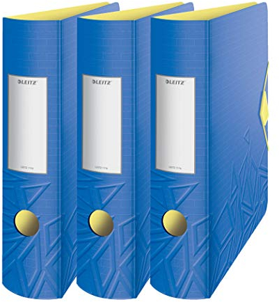 Leitz Qualitäts-Ordner 180° Active Urban Chic, A4, abgerundeter Rücken mit 82 cm Breite, Gummizugverschluss, leichter Polyfoam (blau, 3 Ordner/82 mm)