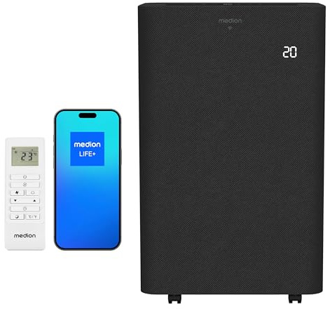 MEDION Condizionatore Portatile Smart con tubo di scarico P1402 (14000 BTU, mobile, incl. kit finestra, fino a 50m², 3in1 raffreddare deumidificare ventilare, controllo tramite app e vocale