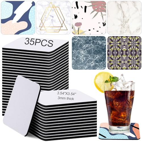Cunhill 35 Pieces Square Sublimation Blanks Coasters Bulk 3.54 x 3.54 Inch Waterproof Neoprene Blank Cup Mat Rubber Coasters for Sublimation Transfer Heat Press Printing DIY Crafts