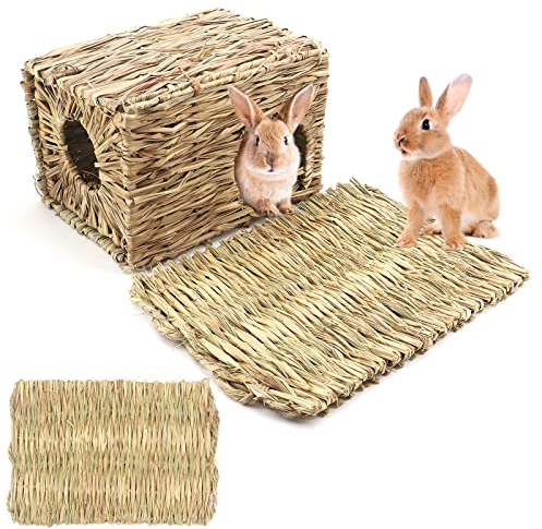 Grashaus für Kaninchen, handgefertigte Faltbare Betthütte aus natürlichem Gras, essbares natürliches Grasversteck, Versteckhütte, Spielzeugspielhaus für Hasen, Meerschweinchen, Kleintiere
