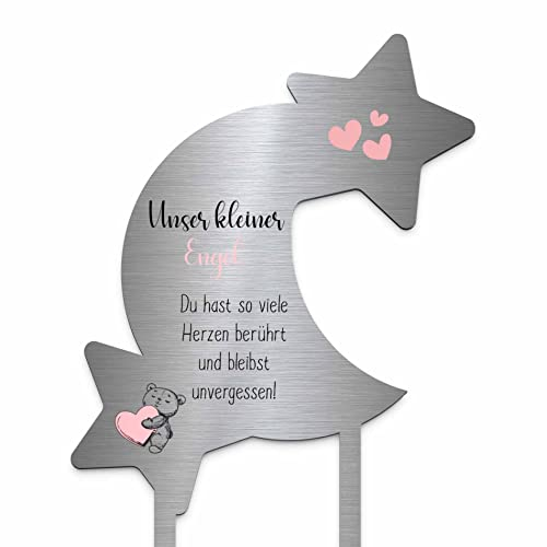 Edelstahl Grabstecker Mond & Sterne - Blumenstecker Metall | Personalisiertes Sternenkind Andenken - Sternenkinder Grabschmuck wetterfest | persönliche Friedhof Grab Kindergrab Deko (Festes Design)