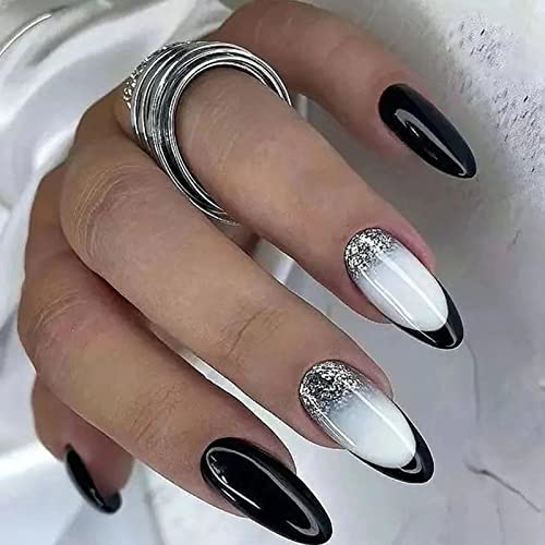 Ceboic Mandel Nägel Zum Aufkleben Kurz, French Ballerina Schwarz Weiß Künstliche Nägel Glossy Glitzer Kunstnägel Press on Nails, Almond Full Cover Fingernägel Fake Nails für Frauen