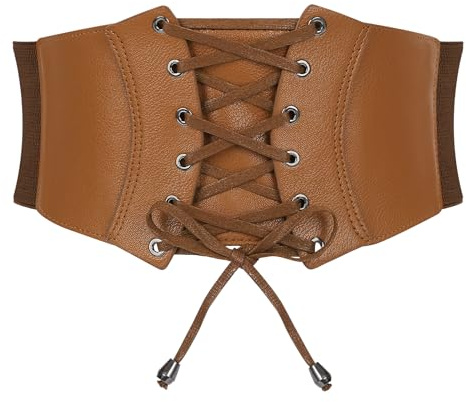 JASGOOD Wide Elastic Corset Belt for Women Vintage Lace-up Tied Waspie Waist Belt for Dress(Brown,Fits Waist Size 23-26 inch)