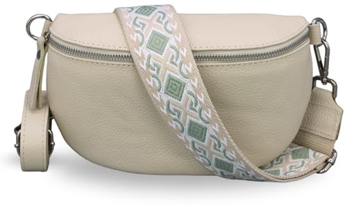 Adel Bags Bauchtasche Damen Echtleder Emma Silber Handgemachte Umhängetasche Crossbody Bag mit Optionalen Breiten Gemusterten Riemen Stylische Hüfttasche Made in Italy (Beige-Silber 5, Large)