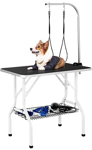 Yaheetech Foldable Dog Grooming Table 36'' Height Adjustable Pet Grooming Table w/Tool Shelf for Small/Medium Dogs/Cats Texture Groomer�s Table w/2 Loops, Black