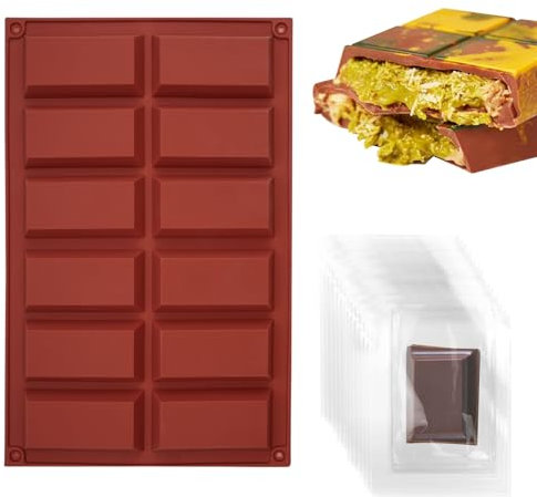 Stampo Tavoletta Cioccolato, 12 Cavità Stampo Per Cioccolato In Silicone, Stampo Per Tavoletta Di Cioccolato Profondo, Cioccolatini Stampo Silicone, Stampo Cioccolato con 100 Pezzi Sacchetto Caramelle