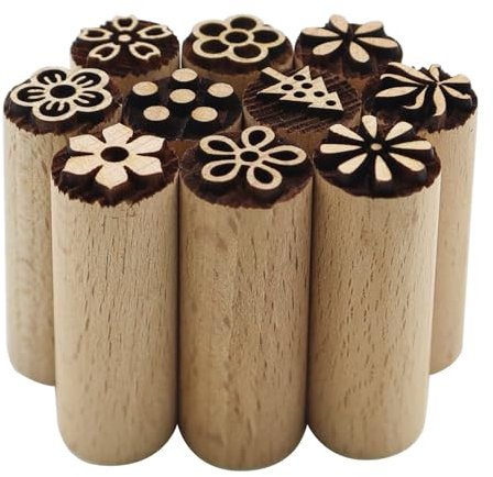 MIPIACE 10 timbri rotondi per argilla e ceramica, in legno naturale, intagliati a mano, con motivi misti, per fai da te, argilla, ceramica, per pasta, pasticceria, modellazione di biscotti (5 pezzi)
