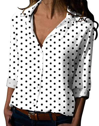 Tunique décontractée à pois pour femme - Coupe ample - Manches longues - Col en V - Manches 3/4 enroulées - Chemise habillée Henley pour le travail et le bureau, blanc, M