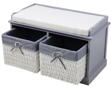 Warmiehomy Storage Bench with 2 Wicker Baskets, W76 D30 H46cm Full Assembled Storage Cabinet, Shoe Storage Hallway Bench with Cushion Bedroom Living Room, Blue-Grey