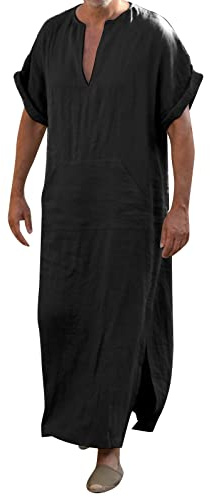 Män kaftan bomull linne muslimska morgonrockar smal passform kortärmad skjortor arabisk kostym v-hals medeltida tunika öknen klänning solid långärmad Thobe andningsbar lång klänning