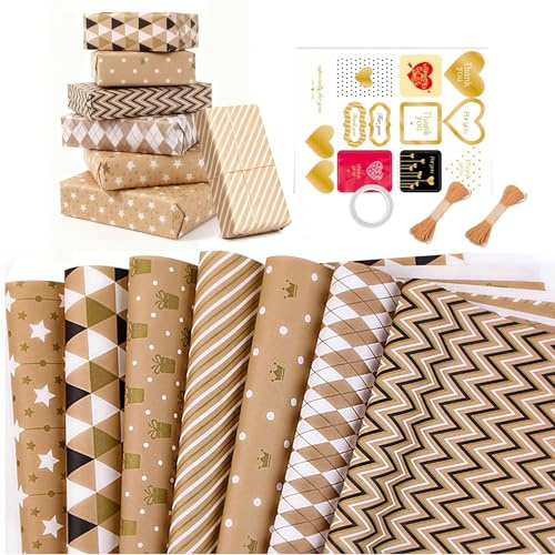 Wrapping Paper Sheets - Birthday Wrapping Paper Set Included 7 Gift Wrap Papers with Sticker, Eco Friendly Recyclable Premium Gift Wrap Perfect for Birthday, Party or Wedding, Valentines, Christmas