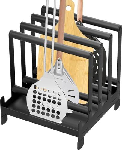 petour Rastrelliera per pizza in acciaio 24 x 24 x 36 cm, supporto per pala per pizza con 4 slot disponibili, supporto resistente con piedini antiscivolo per spatola per pizza, per riporre e