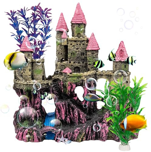 XJGQZ Fish Tank Decoration, Pink Aquarium Castle with 2 Pack Plastic Plants, Resin Castle for Fish Tank, Betta Fishes Hideout House, Artificial Sculpture Thematic Ornament Goldfish Accessories