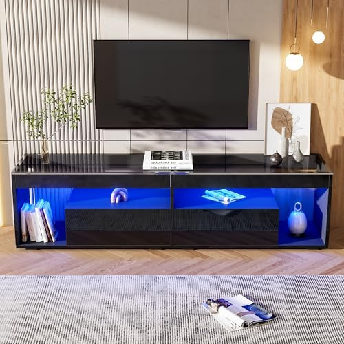 Merax High Gloss TV Stand for 80 Inch TVs,Modern LED TV Cabinet for Living Room,Black TV Unit with Glass Top, 2 Drawers & Open Storage,180x40x46 cm