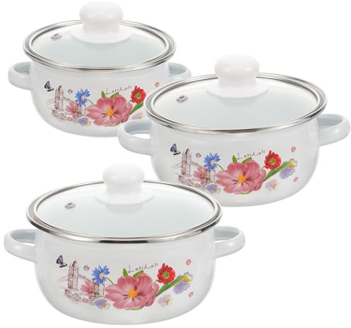 TIDTALEO Pentola Smaltata Vintage Doppio Manico e Coperchio Pentola Portatile per Zuppa e Stufato Resistente Alte Temperature Compatibile con Fornelli a Induzione e a Gas Set 3 Pezzi