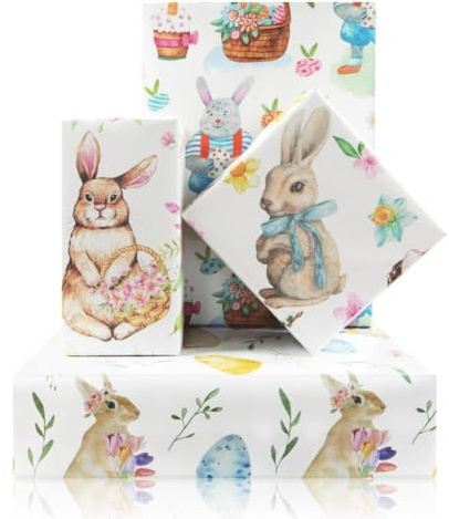Boerni 4 fogli di carta da regalo con coniglietto pasquale – non rotolo – acquerello floreale coniglio uovo carota carta regalo primavera motivo carino carta artistica per compleanno baby shower