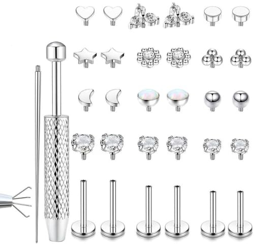 Elmsley 32 Pcs Ear Piercing Kit, Stainless Steel Lip Ring Set, Internal Thread Helix Nose Piercing Jewellery, Flat Back Earrings with Heart Moon & Assorted Tops, Silver Tone for Women Men, Stud Kit