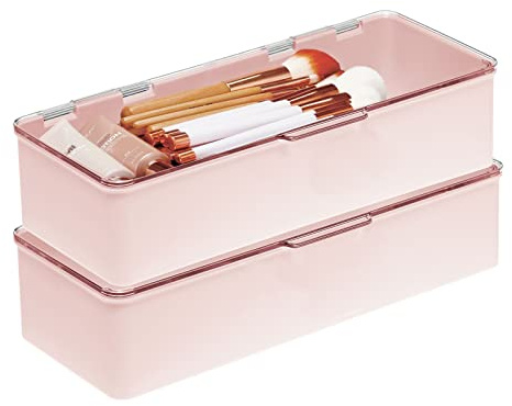 mDesign Long Plastic Cosmetic Storage Organizer Box Containers with Hinged Lid for Bedroom, Bathroom Vanity Shelf or Cabinet, Holds Masks, Palettes, Lotion, or Nail Polish, 2 Pack - Light Pink/Clear