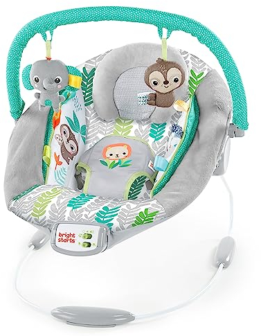 Bright Starts Hamaca para bebés Jungle Vines con vibraciones relajantes y 7 melodías, con arco de juegos, 2 juguetes, reclinable, arnés de 3 puntos, a partir de recién nacido