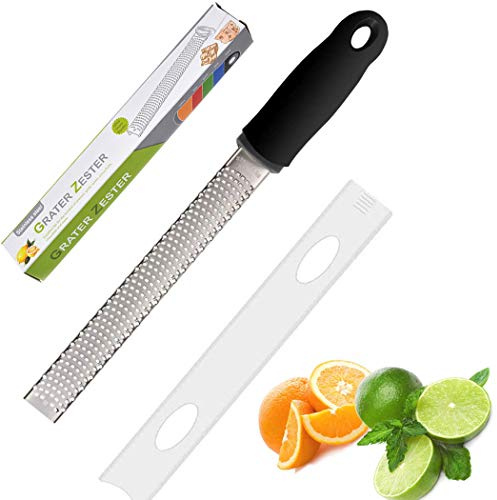 Hoshen - Grattugia per limoni, in acciaio inox, multifunzione, lama affilata in acciaio inox e coperchio protettivo, lavabile in lavastoviglie, colore: nero