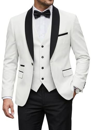 YND Men's 3 Piece Tuxedo Set One Button Shawl Collar Solid Jacket Vest Pants with Bow Tie, Black Collar White, XL