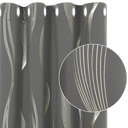Deconovo Blackout Eyelet Curtains Thermal Insulated Gold Wave Line Foil Printed Curtains for Bedroom 52x84 Inch Light Grey 2 Panels