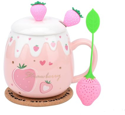 XinHuiGY Pink Mug,Cute Strawberry Cup with Cover Spoon,Ceramic Coffee Mug, Kawaii Cup for Tea Milk,Women Girls Student Korean Style 450ML Christmas Birthday Gift (Big Strawberry)