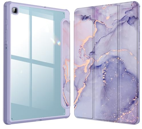 Fintie Slimmat hybridfodral till Samsung Galaxy Tab S6 Lite 10,4 tum 2024/2022/2020 med S Pen-hållare, stöttåligt skydd med klart transparent skal på baksidan, syrenlila marmor | Pennförvaring, klart genomskinligt bakfodral med stötsäker kant, lila marmor