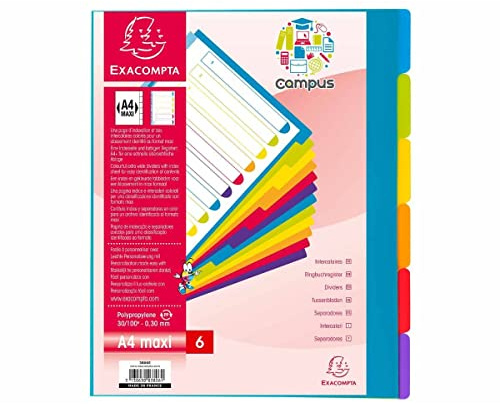 Exacompta - Réf. 3806E - Carton de 25 intercalaires en polypropylène rigide semi-opaques avec 6 onglets neutres Campus - Page d'indexation imprimable - Format à classer A4 maxi - Couleurs translucides