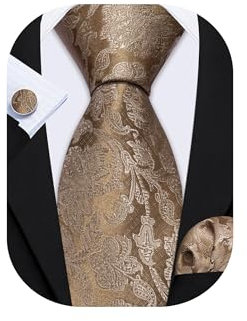 Barry.Wang Paisley Herren-Krawatten-Set, Seide, Einstecktuch, Manschettenknöpfe, formelle Hochzeit, Party, Business, Hellbrauner Kaffee, Einheitsgröße
